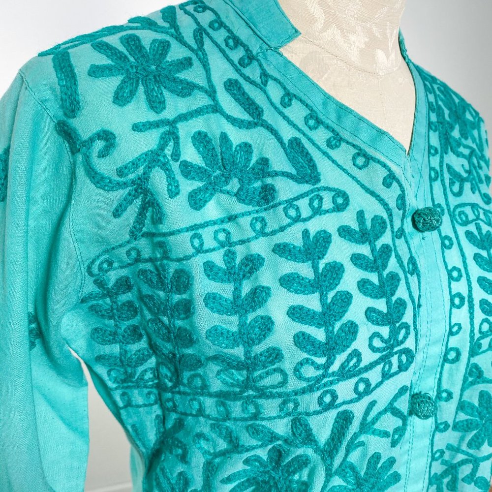 Vintage 70s S Boho Embroidered Tunic Dress Green - Picture 2 of 13